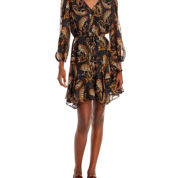 Sam Edelman Paisley Ruffles V-Neck Sheer Sleeves Drawstring Tie Waist Dress - Picture 2 of 3